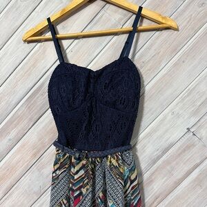 Flowy maxi dress, navy blue lace top, with belt